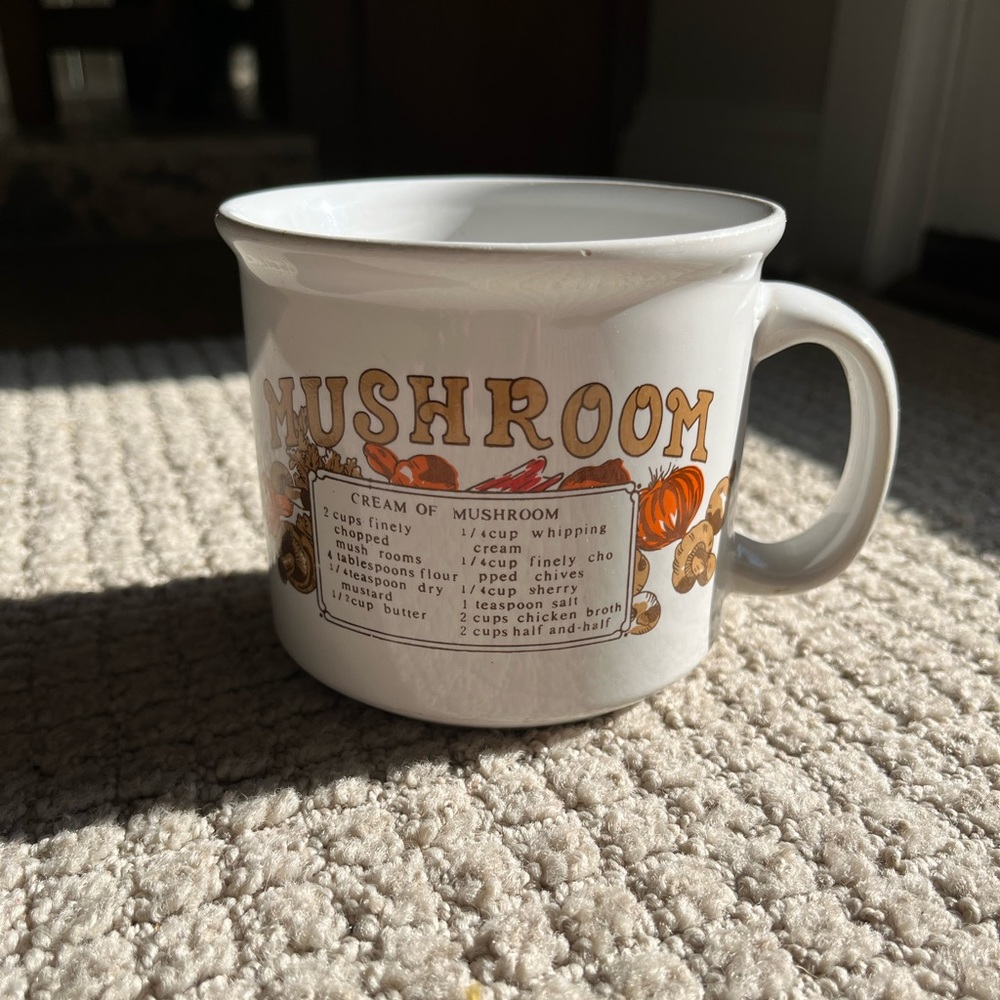 Vintage Recipe Soup Bowl Mug Mushroom 70s Ceramic handle retro wares